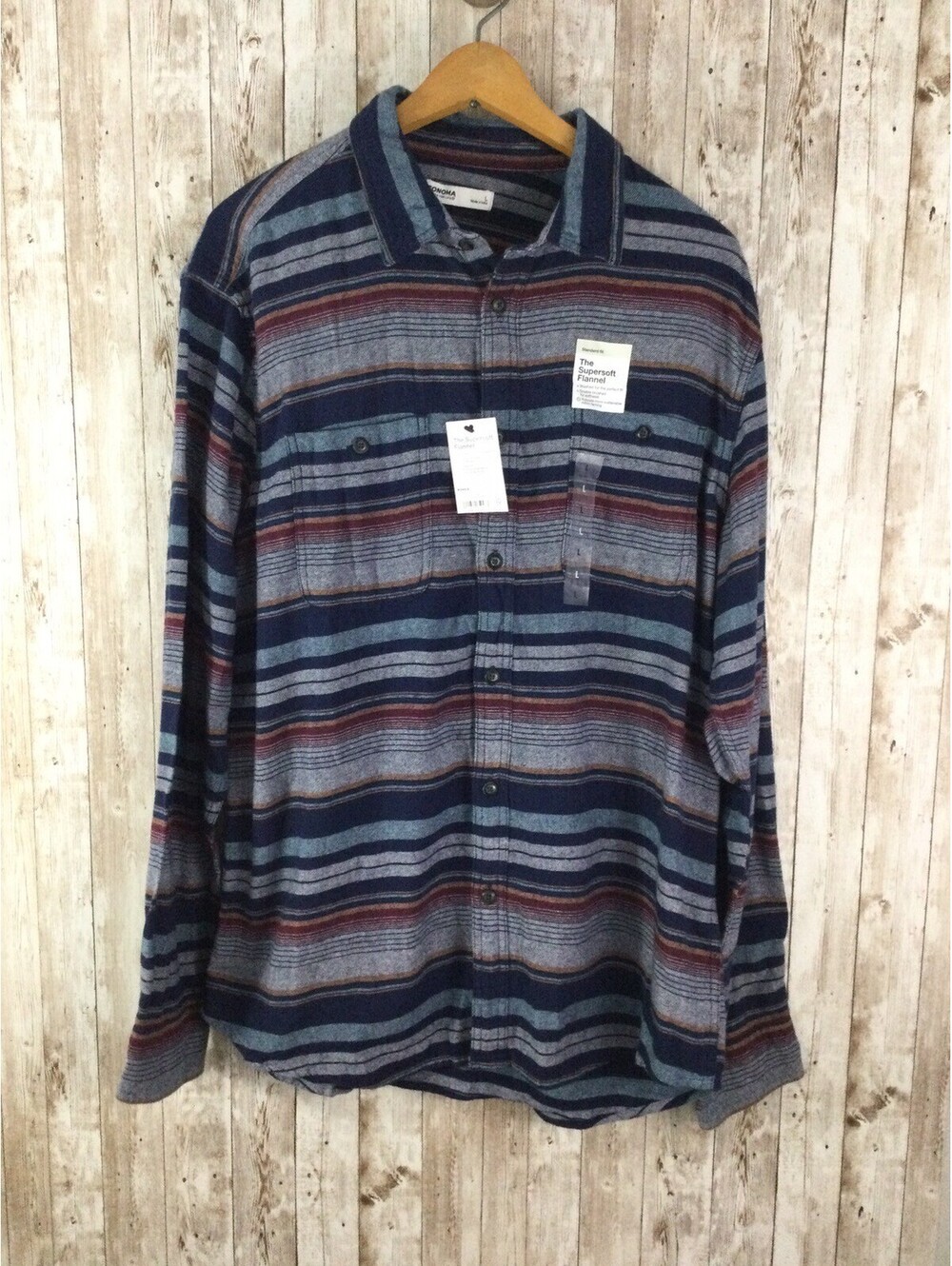 Sonoma Supersoft Flannel Shirt Men's L Striped Blue tan Burgandy Cotton  NEW